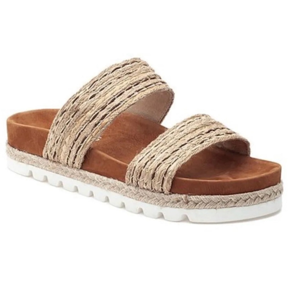 J Slides NYC Tan Raffia Gold Accent Leather Size 7.5